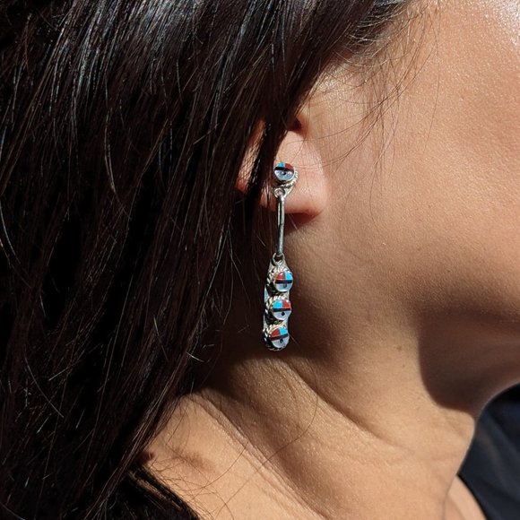 Authentic Zuni Sun Face Inlay Dangle Earrings Handmade Native American Jewelry** - Picture 5 of 9